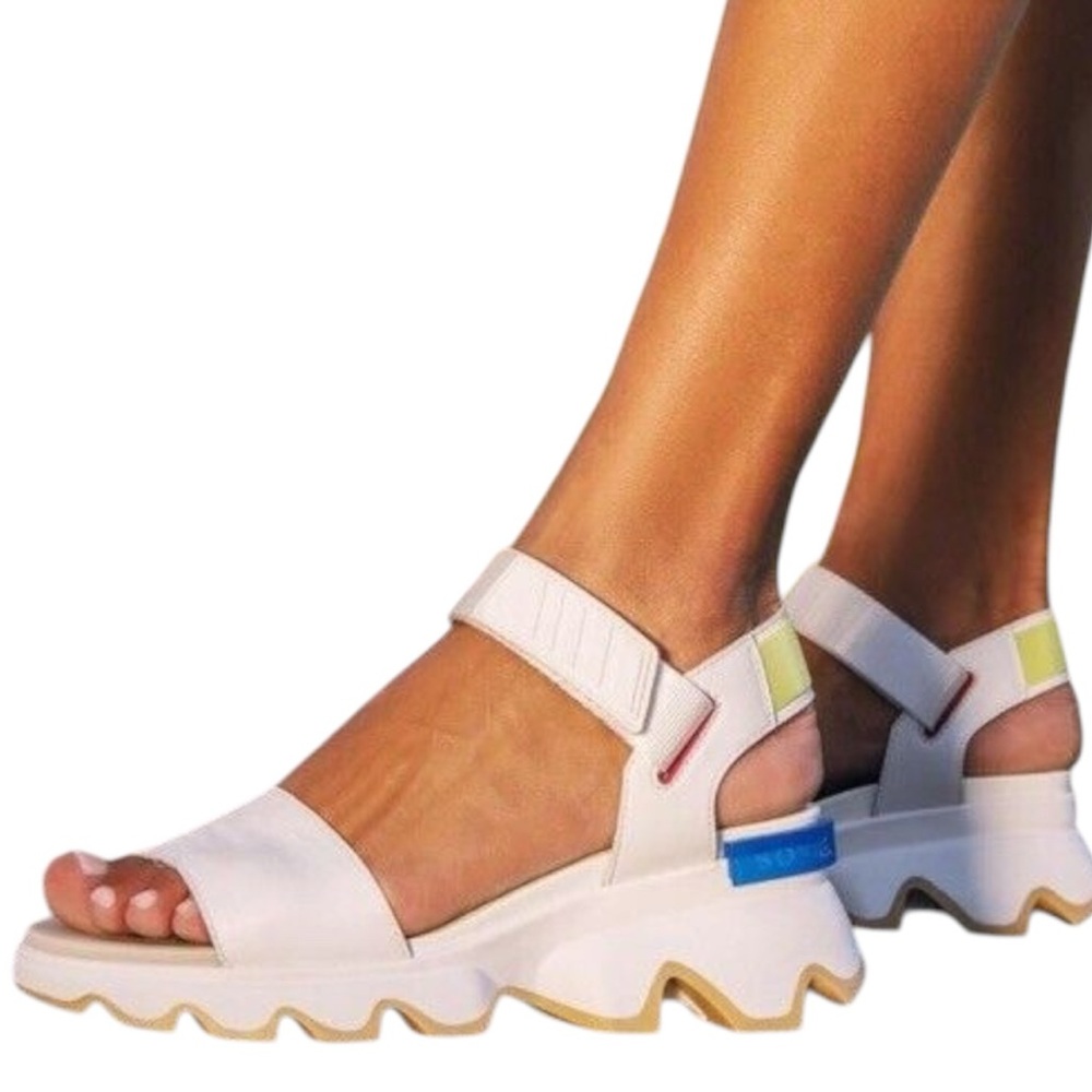 Sorel White Platform Sandals with Blue and Yellow Accents